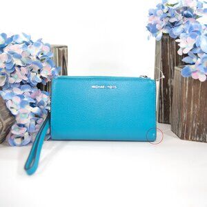 Michael Kors Santorini Blue Leather Adele Double Zip Phone Wristlet NWT DEFECT!!